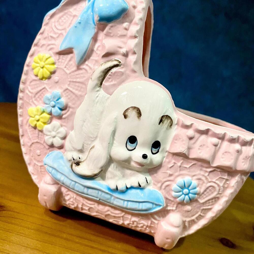 Vintage Kitschy Pink Puppy Baby Carriage Planter Blue Bow Napco Nursery Decor